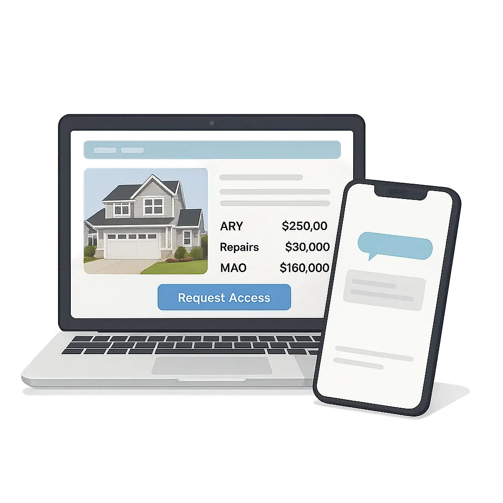 Buyer-Ready Profiles illustration: laptop showing a property page
