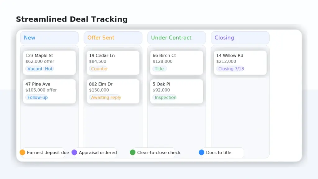 Deal tracking board with stages and cards showing status, tags, and timeline badges.
