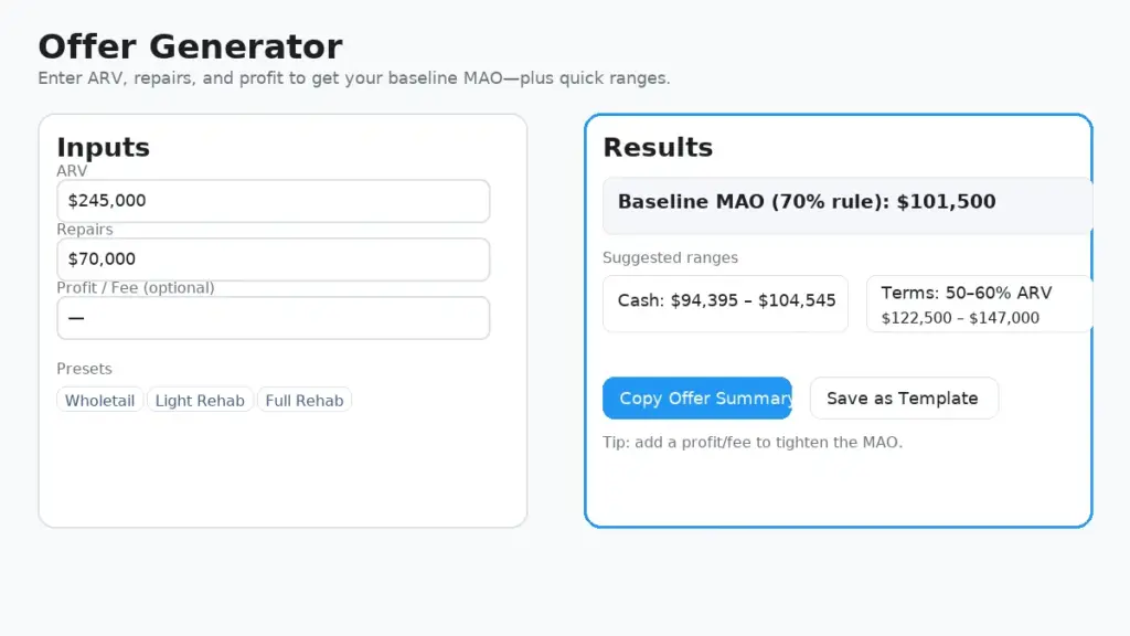 Offer terms summary card with ARV, repairs, and cash range